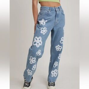 The Ragged Priest High Waist Straight Leg Denim Jeans Relaxed Fit Daisy Print